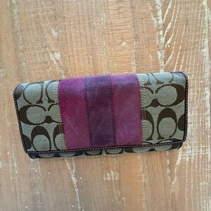 Coach Signature Canvas Wallet with Burgundy Accent
